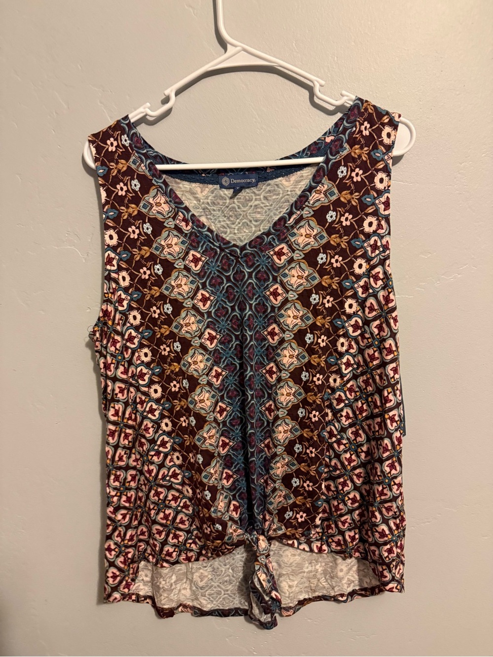 Democracy Brown Multi-Print V-Neck Knot Front Tank